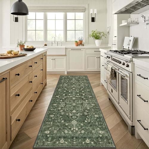 U'Artlines 2' x 6' Boho Hallway Runner Rug Vintage Farmhouse Non Slip Soft Washable Accent Runner Carpet for Kitchen, Entryway, Laundry, Living Room(Dark Green) - Image 1