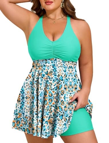 HUSKARY Plus Size Swim Dress Tummy Control V Neck Flowy Hide Belly Bathing Suits for Women Two Piece Tankinis with Adjustable Straps and Swim Shorts Blue Leopard - Image 1