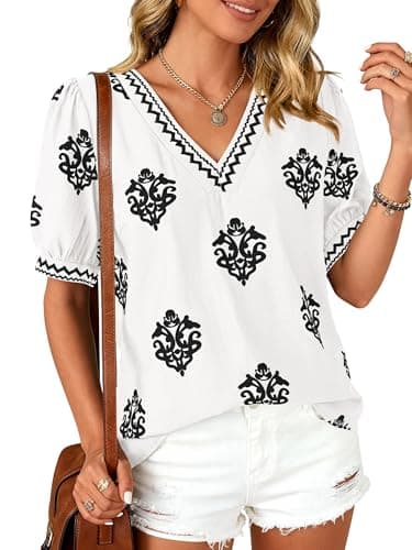 BTFBM Casual Summer Shirts for Women Beach Fashion Going Out Tops Vacation Short Sleeve Floral Boho Blouses Tunics(White Black Flower,XX-Large) - Image 1