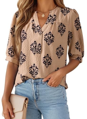 Dokotoo Button Down Shirts for Women V Neck Puff Sleeve Boho Tops Womens Blouses Business Casual Outfits Work Clothes Summer Spring Tops for Women 2026 Apricot Shirt XX-Large - Image 1