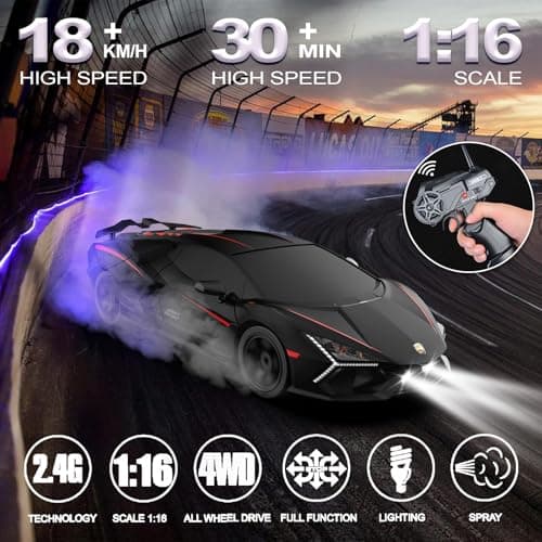 Remote Control Car RC Drift Car 1:16 Scale 4WD 18KM/H High Speed Model Vehicle 2.4GHz with LED Lights Spray Rubber Tire Racing Sport Toy for Adults Boys Girls Kids Gift 2Pcs Rechargeable Batteries - Thumbnail 2