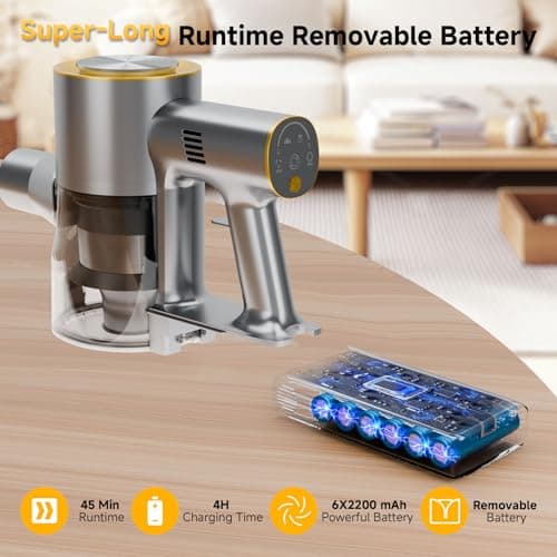 Shieal Cordless Stick Vacuum Cleaner - 45KPA Powerful Suction Vacuum with 45 Min Runtime, Detachable Battery, Anti-Tangle & 1.5L Dust Cup, 8 in 1 Vacuum Cleaner for Pet Hair, Carpet, HardFloor, Yellow - Thumbnail 3