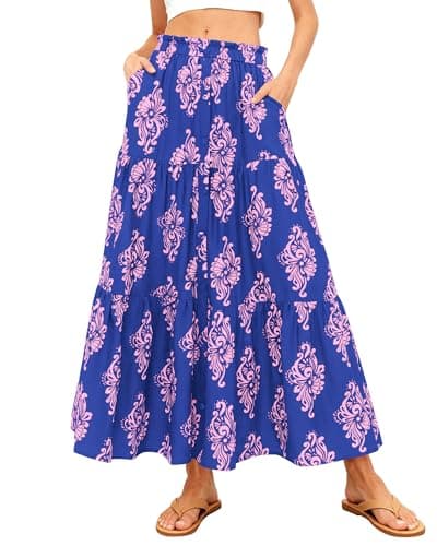 BTFBM Long Skirts for Women Summer 2026 Elastic High Waist Flowy A Line Casual Boho Tiered Floral Maxi Skirt Pockets(Dark Blue Pink Flower, XX-Large) - Image 1