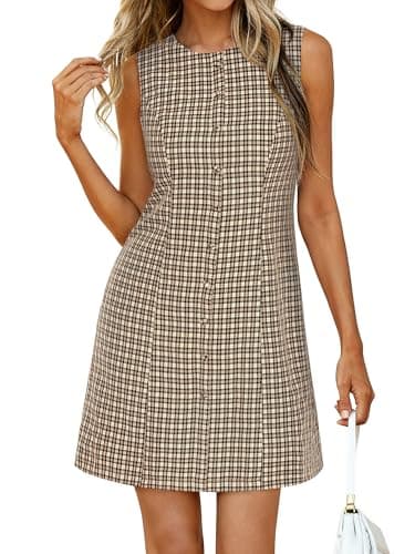 BTFBM Womens Summer Dress 2026 Spring Plaid Crew Neck Sleeveless Button Bodycon Mini Vintage Business Casual Dresses(Apricot, Medium) - Image 1