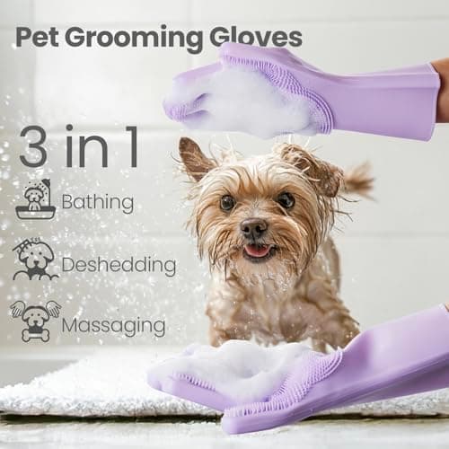 DELOMO Pet Grooming Gloves 1 Pair: Soft and Gentle Silicone Dog Washing Gloves - Bathing Scrubber Brush Mitt Grooming Shedding Fur Removal Massage for Dogs/Cats/Horse, Purple - Thumbnail 2