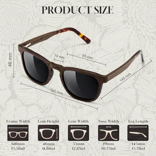 SUNGAIT Men’s Square Wood Sunglasses Classic Natural Red Burl Ebony Walnut Wooden Frame Polarized Lens(Walnut Frame/Grey Lens) - Thumbnail 5