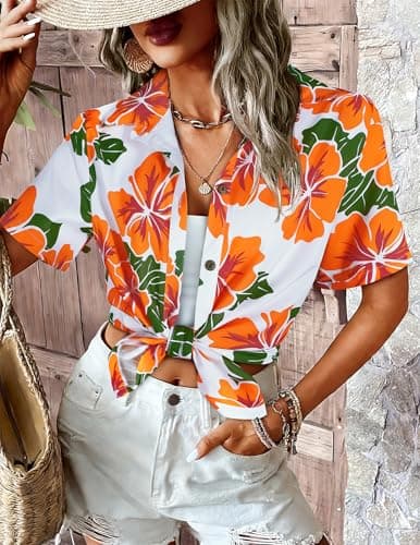 LILYCHIC Womens Floral Hawaiian Shirts Tropical Button Down Short Sleeve Summer Beach Tops Vacation Outfits - Thumbnail 2