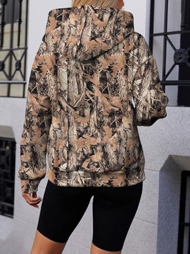 Bellcoco Womens Camo Hoodies Maple Leaf Print Fleece Sweatshirt Long Sleeve Pullover Tops Hooded Fall Winter Clothes Tan M - Thumbnail 4