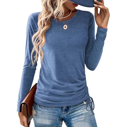 AIZHINENG Womens Long Sleeve Shirts Crewneck Tops Casual Fall Spring Trendy T-Shirts Outfits Clothes 2025 Blue - Image 1