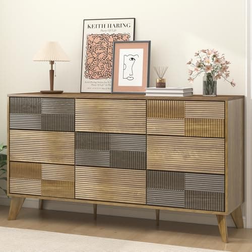 Hadulcet Wooden Dresser for Bedroom, 55” Wide Mid Century Modern Fluted 9 Drawers Dresser Storage Clothes for Closet Organizer, Handleless Design, Push to Open, Dark Wood - Image 1