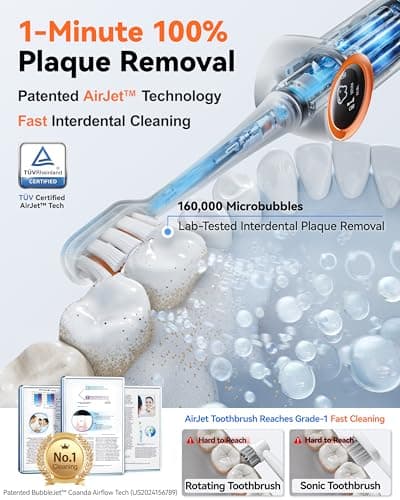RANVOO AirJet™ [Max Jet Clean] [Vibrating & Flossing 2-in-1] Bubble Sonic Electric Toothbrush, Plaque Removal, White for Adult Protect Gum Teeth Clean Rechargeable Gift with 2 Soft Brush Heads White - Thumbnail 4