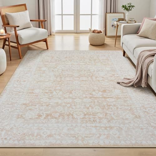 RUGVIGO Beige Floral Washable 5x7 Area Rugs for Living Room, Vintage Neutral Non Slip Bedroom Rug, Indoor Retro Soft Distressed Carpet for Home Office Dorm Dining Room - Image 1