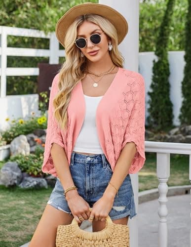 Womens Batwing Crochet Open Front Oversized Bolero Shrug Cardigan Light Pink XL - Thumbnail 3