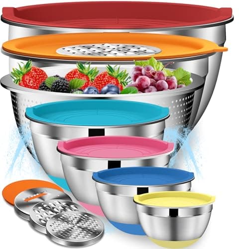 DUTZUN Mixing Bowls with Lids Set - 16pcs Stainless Steel Mixing Bowl Set with Colander, 3 Grater Attachments, Non-Slip Bottom, Metal Nesting Bowls with Strainer for Mixing & Serving - Multicolor - Image 1
