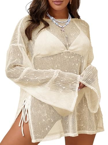 MK Shop Limited Plus Size Swimsuit Coverup for Women Sexy Crochet Bathing Suit Cover Up Mesh Sheer Summer Curvy Kaftan Beach Dress 2026 Beige 3XL - Image 1