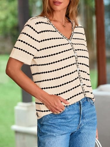 NALANISA Women's Summer Button Down Striped Shirts Casual Short Sleeve V Neck Crochet Knit Blouse Tops Lightweight Cardigans (Apricot,XXL) - Thumbnail 6