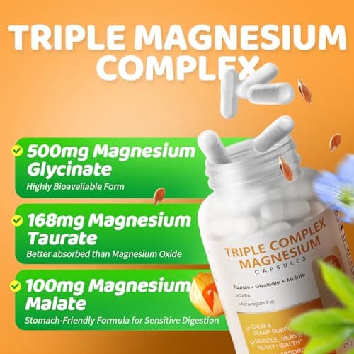 Triple Magnesium Complex - Magnesium Glycinate, Taurate & Malate Supplement with Omega3, Ashwagandha, GABA for Sleep, Brain Heart & Muscle Support - High Absorption and Gentle, Vegan, 120 Capsules - Thumbnail 3
