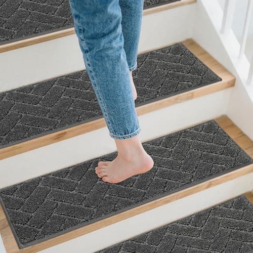 Non-Slip Stair Treads for Wooden Steps Indoor, 15 Pack 9" X 28" Edging Stair Runner with TPE Backing, 0.4" Thick Stair Rugs for Kids Elders & Pets, 100% Polyester Soft Carpet Stair Mats, Black - Image 1