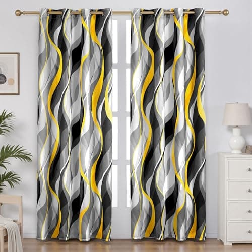 weesire Yellow and Grey Curtains Modern Striped Decorative 50% Light Blocking Darkening Grommet Yellow Curtain for Living Room Villa, Bedroom Gray and White 2 Panels Set, 52x84 Inches - Image 1