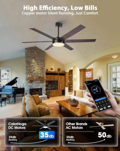 CalorHoga 60 Inch Large Ceiling Fan with Lights, Black Ceiling fans with Remote Control/APP for Indoor Living Room Garage Commercial, 3CCT Dimmable LED Modern Fan, 6 Speeds, Quiet Reversible DC Motor - Thumbnail 3