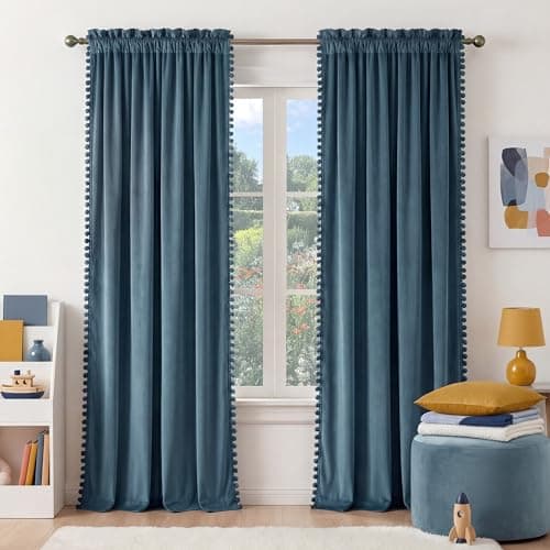 NICETOWN Slate Blue Velvet Curtains 84 Inch Length – Pom Pom Room Darkening Drapes for Nursery & Boys Room, Thermal Insulated Soft Window Treatments, 52" W x 84" L, 2 Panels - Image 1