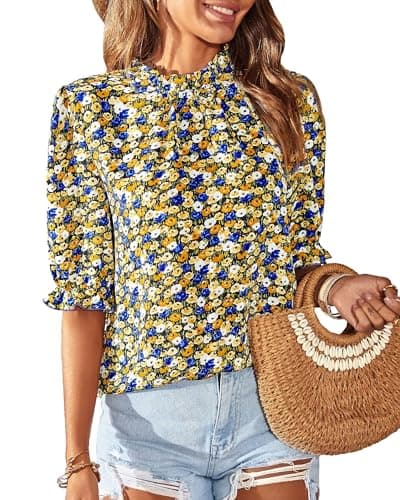 BTFBM Womens Tops 2026 Dressy Casual Blouses Summer Spring Clothes Mock Neck Short Sleeve Shirts Business Work Fall Outfits(Floral Black, Large) - Image 1