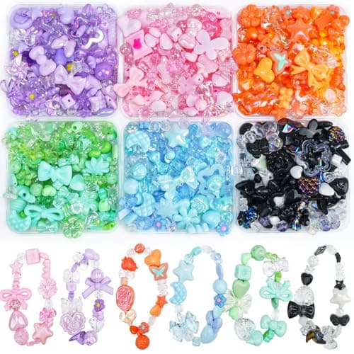400-450PCS Acrylic Beads for Bracelet Making, Assorted 6 Colors Cute Beads, Flower Bow Candy Bear Kawaii Bracelet Charms for Jewelry Making, Necklace Keychains Phone Charms DIY Crafts Gifts - Image 1
