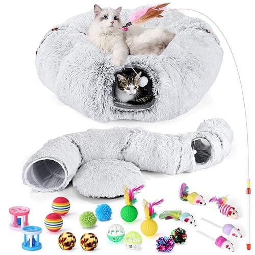 Odoland Cat Tunnel Bed with 20 Cat Toys - Indoor Plush Kitten Couch,Detachable Cats Cave Donut Tunnel & Soft Kitten Toy Set-Cozy Cat Furniture Grey - Image 1
