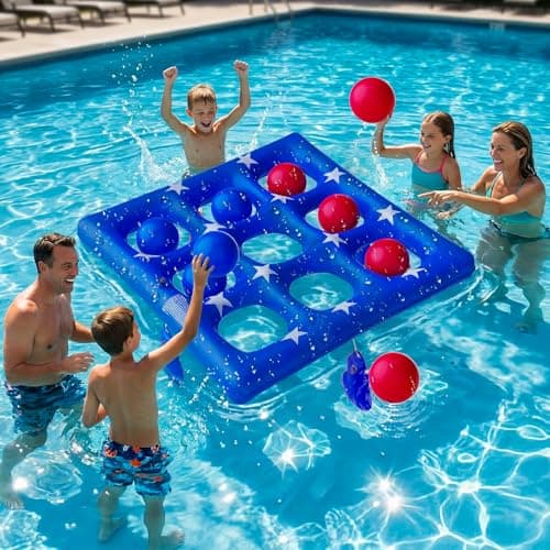 Pool Party Toys Games Set - Giant Inflatable Tic Tac Toe Float Game, Outdoor Pool Games for Adults Kids Family Pool Toys for 2-10 Players, Fun Swimming Beach Yard Activities with 10 Balls for Ages 6+ - Thumbnail 5