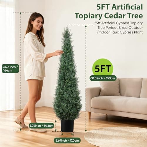 Artificial Trees for Outdoors, BUZIGUBY Artificial Cedar Topiary Trees, 5FT Topiary Trees Artificial Outdoors for Porch, Dense Arborvitae Tree for Front Door Patio Deck Balcony Yard Decor, 2 Pack - Thumbnail 3