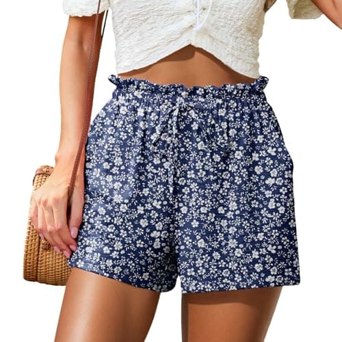 Womens Linen High Waisted Shorts for Summer with Adjustable Tie Knot Breathable Comfy Lightweight Floral Blue Size Small - Image 1