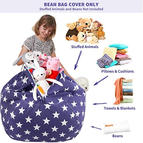 Aubliss Stuffed Animal Storage Bean Bag Chair Cover (No Beans)?Stuff and Sit Storage Bean Bag for Kids Toy Storage, X-Large 48"-Canvas Stars Royal Blue - Thumbnail 3