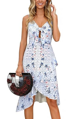 ECOWISH Polka Dot Women Summer Dress Midi A Line Ruffle High Low Sleeveless Boho Floral Halterneck Cocktail Tie Knot Sundress 91Blue Flower Small - Image 1