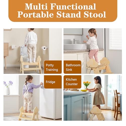 TinyHaven Wooden Toddler Step Stool, 2-Step Foldable Stool for Kids with Non-Slip Surface, Baby Bathroom Stool for Potty Training, Bathroom Sink, Kitchen Counter with Cute Cloud Design, Natural - Thumbnail 6