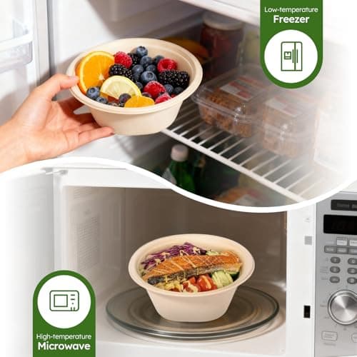 JYTIDYRA 32 oz Disposable Paper Bowls, Heavy-Duty Compostable Soup Bowls, Eco-Friendly Biodegradable Bagasse Bowls, Microwave & Freezer Safe, Large Deep Bowls for Salad, Cereal, BBQ [100 Pack] - Thumbnail 5