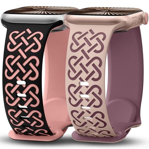 Minyee 2 Pack Engraved Bands Compatible with Apple Watch Band 42/44/45/46/49mm Women, Soft Silicone Two-Tone Celtic Sport Strap for iWatch Series 11 10 9 8 7 6 5 4 SE/Ultra 3 2 1, Black/Pink+Nude - Image 1