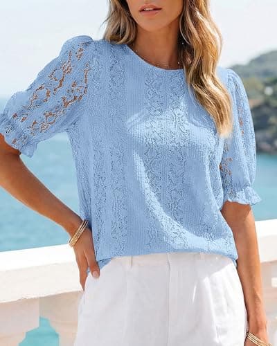 KIRUNDO Lace Tops for Women 2026 Dressy Floral Summer Shirts Puff Short Sleeve Spring Blouse Casual Cruise Vacation Outfits(Light Blue, Medium) - Thumbnail 3