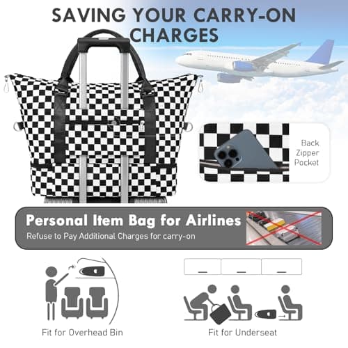 WOOMADA Weekender Overnight Bag for Women, Carry on Shoulder Travel Duffel with Shoes Compartment,Gym Bag with Toiletry Bag(black checkerboard) - Thumbnail 6