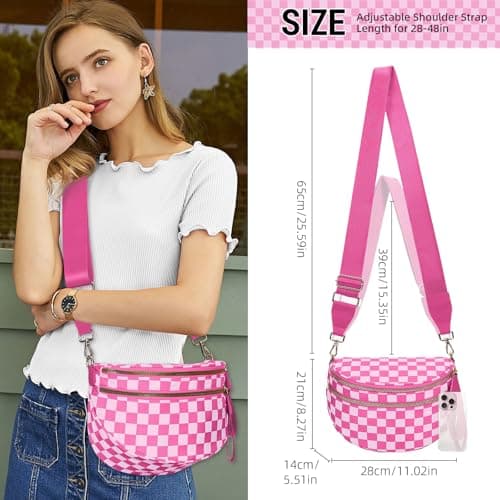 Checkered Crossbody Bag Bum Bags for Women Nylon Checkered Purse Large Fanny Packs Sling Bag Handbag Cross Body Bags - Thumbnail 2