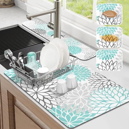 Findosom 2PCS 16" x 24" Dish Drying Mat & 24" x 5.5" Sink Splash Guard, Super Absorbent & Cuttable Dish Mat Drying Kitchen Mat with Teal Floral, Hide Stain Drying Mat for Kitchen Counter - Image 1