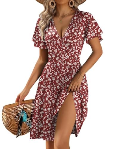 Zeago Spring Dresses for Women 2026 Short Sleeve Floral Summer Beach Dress Casual V-Neck Wrap A-Line Shift Midi Sundress with Pockets - Image 1