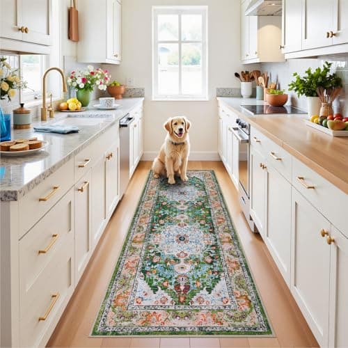 U'Artlines 2' x 6' Boho Hallway Runner Rug, Non Slip Washable Vintage Farmhouse Kitchen Rug Accent Area Carpet for Entryway Laundry and Living Room (Green) - Thumbnail 4