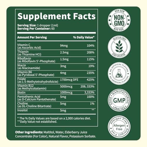 Vitamin B Complex Drops, Active B12 Methylcobalamin 5000mcg, B6, B1, B2, B5, B7, B3, Folate with Vitamin C, B12 Sublingual Liquid Fast Absorption | Boost Energy, Focus & Immunity, Vegan | 60 Servings - Thumbnail 6
