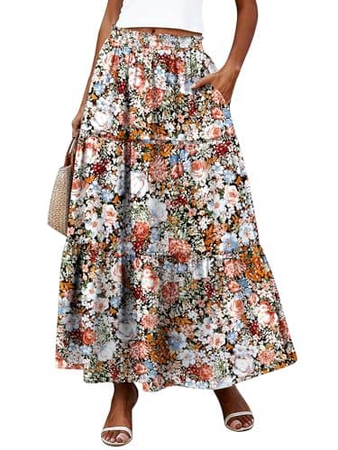 Bellcoco Long Skirts for Women Maxi Spring Summer Swing Tiered A-Line Elastic High Waist Boho Flowy Skirts with Pockets Coffee Floral Small - Image 1