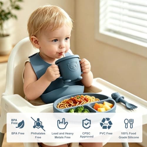 Baby Led Weaning Supplies, 8 Piece BPA-Free Silicone Feeding Set, Silicone Suction Bowl, Forks & Spoons, Bib & Cup, Develops Self Feeding Skills, Dishwasher Safe, for 6+ Months (Blue) - Thumbnail 3