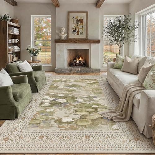 PureCozy Beige Area Rug 8x10 Washable Vintage Floral Carpet for Living Room Soft Low Pile Non Slip Indoor Large Area Rug Retro Distressed Throw Rug for Office Nursery Bedroom Dining Room - Image 1