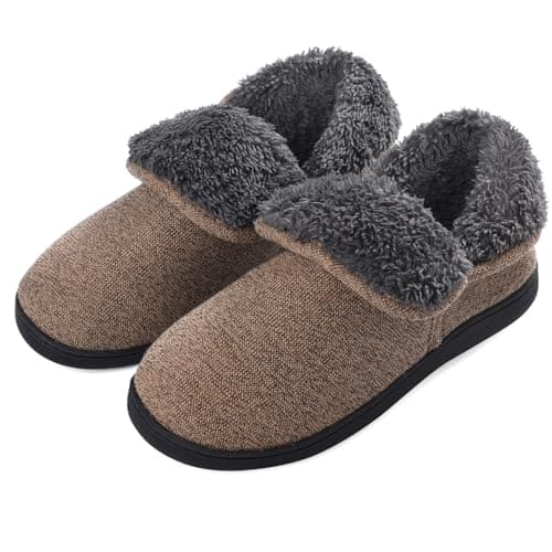 VANSARTO Men’s Knit Bootie Slippers Warm Fold-Over Ankle Collar Plush Fleece Lined Memory Foam House Shoes Cozy Winter Non-Slip Indoor Outdoor Slippers for Men, Brown, Size 8 - Image 1