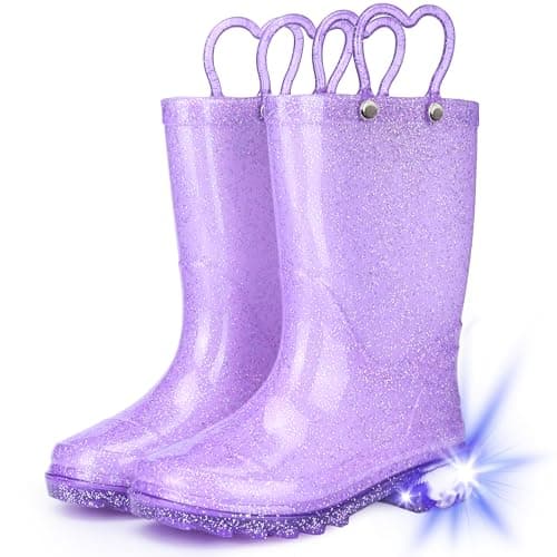Funspread Girls Big Kid Purple Rain Boots - Size 2, Glitter, Light Up, Waterproof, Slip-Resistant, Easy-On Handles - Image 1