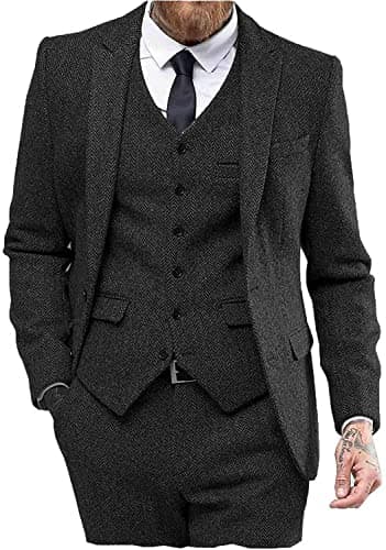 Mens Tweed Herringbone Wedding Suit Prom Tuxedos 3 Piece Peak Lapel Dress(Black,XXL) - Image 1