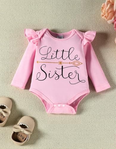 FAMIHAO Big Sister Little Sister Matching Outfits Long Sleeve Ruffle Romper Floral Pants Headband Baby Girl Clothes 3Pcs,0-3M Pink&Black - Thumbnail 5